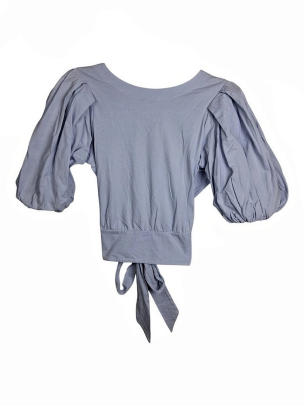 EXPRESS Puff Sleeve Tie Back Crop Top Blouse Light Blue Small Open Back Summer